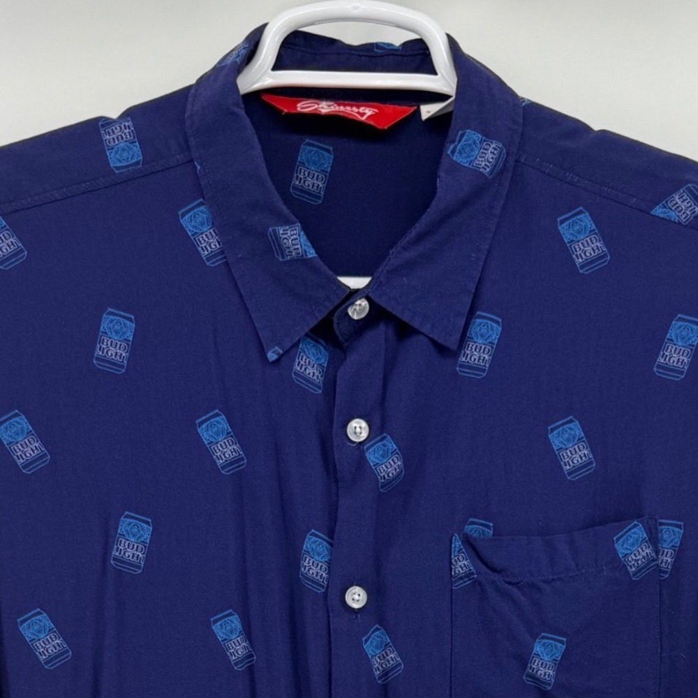 Shinesty Bud Light Beer Can Print Navy Blue Rayon Button Down Shirt Mens XXL